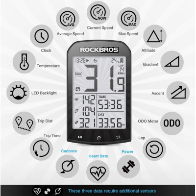 Computer RockBros, IPX6, bezdrôtový, vodotesný, GPS. V cene výrobku je zahrnutý recykl.pop.pre SR v sume 0,1248 €/kg.