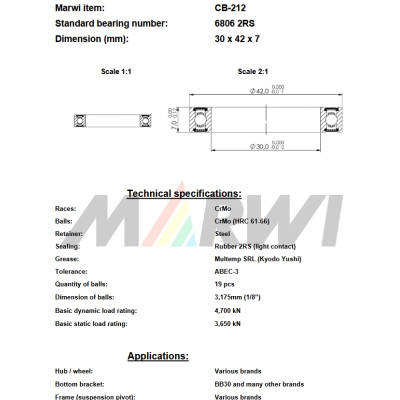 Ložisko 6806 2RS, 30x42x7 mm, CB-212