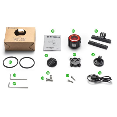 Svetlo zadné RockBros,  25 Lm, IPX5, 6 Funkcií, USB nabíjateľné. V cene výrobku je zahrnutý recykl.pop.pre SR v sume 0,1248 €/kg