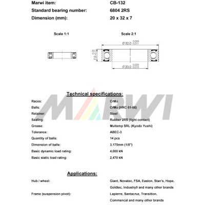 Ložisko CB-132  6804 2RS, 20x32x7 do náboja, ks