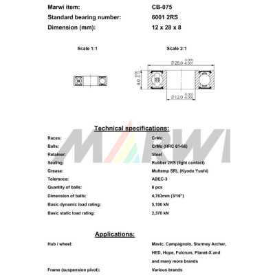 Ložisko CB-075 6001 2RS, 12x28x8 do náboja, ks