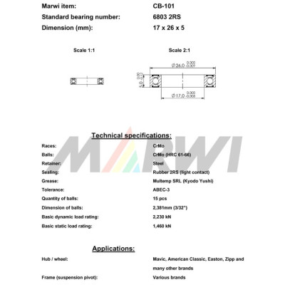 Ložisko CB-101 6803 2RS, 17x26x5 do náboja, ks