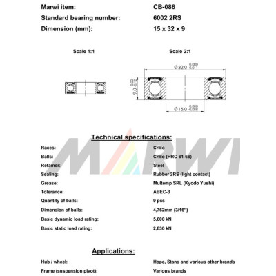 Ložisko CB-086 6002 2RS, 15x32x9 do náboja, ks