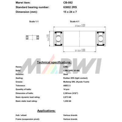 Ložisko CB-082 63802 2RS, 15x24x7 do náboja, ks