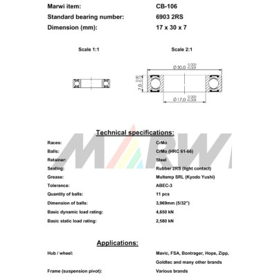 Ložisko CB-106 6903 2RS, 17x30x7 do náboja, ks