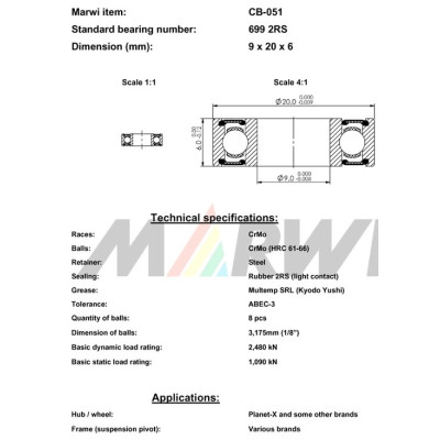 Ložisko CB-051 699 2RS, 9x20x6 do náboja, ks