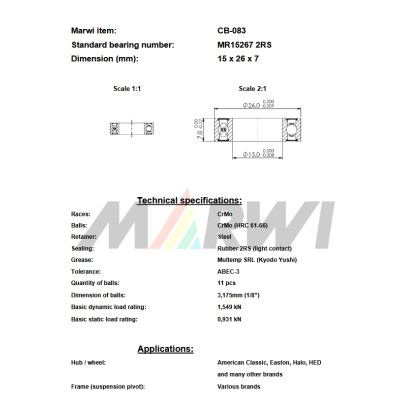 Ložisko CB-083  MR15267 2RS, 15x26x7 mm