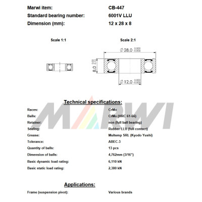 Ložisko CB-447  6001V LLU, 12x28x8 mm