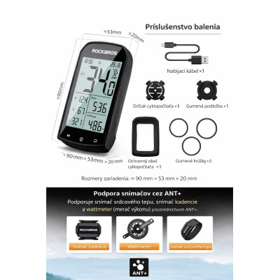 Computer RockBros, IPX6, bezdrôtový, vodotesný, GPS. V cene výrobku je zahrnutý recykl.pop.pre SR v sume 0,1248 €/kg.