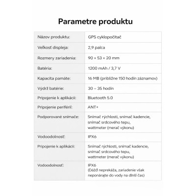 Computer RB, IPX6, bezdrôtový, vodotesný, GPS. V cene výrobku je zahrnutý recykl.pop.pre SR v sume 0,1248 €/kg.