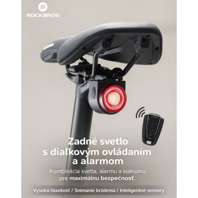 Alarm a svetlo RockBros na bicykel 120 dB, IPX5, čierny. V cene výrobku je zahrnutý recykl.pop.pre SR v sume 0,1248 €/kg