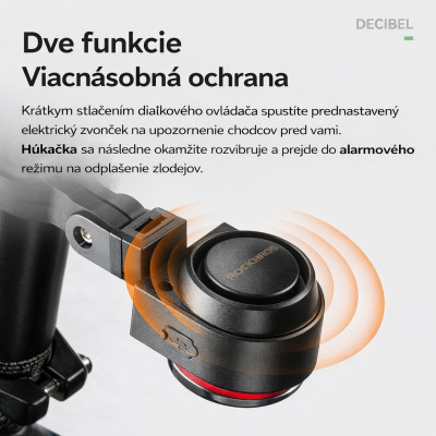 Alarm a svetlo RockBros na bicykel 120 dB, IPX5, čierny. V cene výrobku je zahrnutý recykl.pop.pre SR v sume 0,1248 €/kg