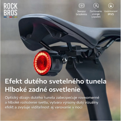 Svetlo zadné RockBros,  25 Lm, IPX5, 6 Funkcií, USB nabíjateľné. V cene výrobku je zahrnutý recykl.pop.pre SR v sume 0,1248 €/kg
