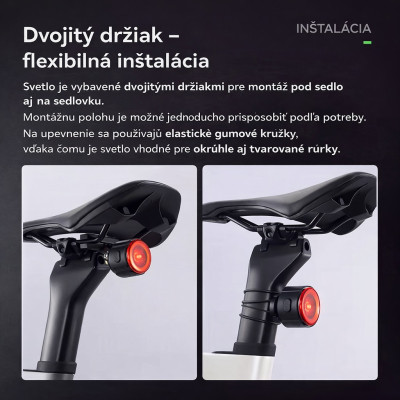 Svetlo zadné RockBros,  25 Lm, IPX5, 6 Funkcií, USB nabíjateľné. V cene výrobku je zahrnutý recykl.pop.pre SR v sume 0,1248 €/kg