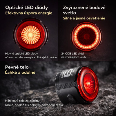 Svetlo zadné RockBros,  25 Lm, IPX5, 6 Funkcií, USB nabíjateľné. V cene výrobku je zahrnutý recykl.pop.pre SR v sume 0,1248 €/kg