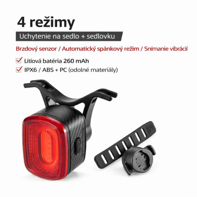 Svetlo zadné RB, 4 Funkcie, IPX6, Q2S, USB nabíjateľné, vodeodolné. V cene výrobku je zahrnutý recykl.pop.pre SR v sume 0,1248 €