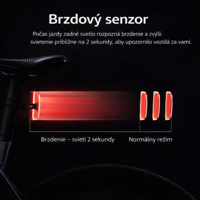 Svetlo zadné RB LED, IPX6, USB nabíjateľné, inteligentné . V cene výrobku je zahrnutý recykl.pop.pre SR v sume 0,1248 €/kg.