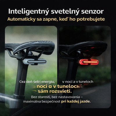 Svetlo zadné RB LED, IPX6, USB nabíjateľné, inteligentné . V cene výrobku je zahrnutý recykl.pop.pre SR v sume 0,1248 €/kg.