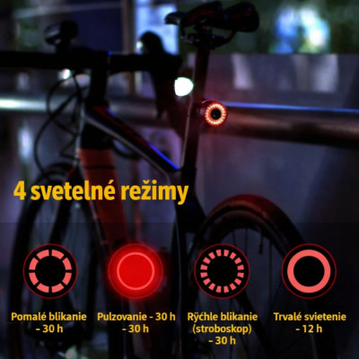 Svetlo zadné RB, 5 Funkcií, 7 farieb, USB nabíjateľné, vodeodolné. V cene výrobku je zahrnutý recykl.pop.pre SR v sume 0,1248 €/