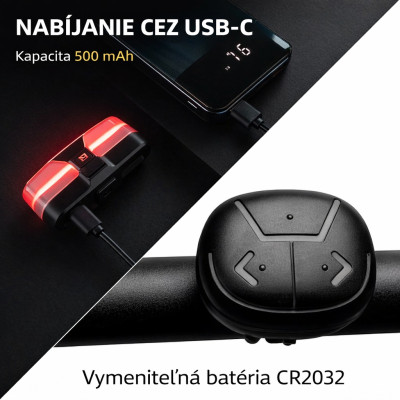 Svetlo zadné RB so smerovkami, 5 Funkcií, IPX6, USB nabíjanie, s USB káblom.