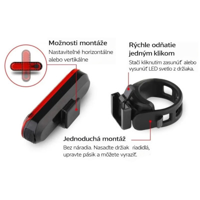 Svetlo zadné MPB 5 LED, 3F, USB nabíjanie, s USB káblom. V cene výrobku je zahrnutý recykl.pop.pre SR v sume 0,1248 €/kg.