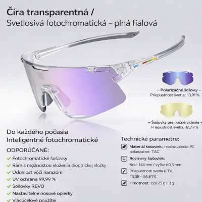 Okuliare Rockbros, fotochromatické, transparentné sivé