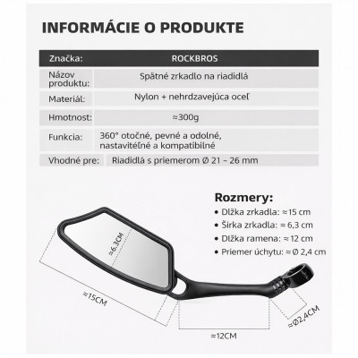 Zrkadlo RB spätné pravé s uchytom do vnútra riadidla