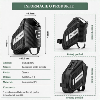 Taška RockBros podsedlová s držiakom fľaše, kapacita 1L, čierna