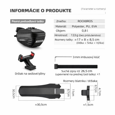 *Taška RockBros podsedlová s blatníkom, kapacita 0,8L,čierna