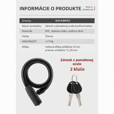 Zámok RockBros pamäťový na kľúč, rozmer 15x670mm