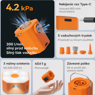 Pumpa RockBros mini elektrická so svetlom 300Lm, oranžová, vrátane USB kábla, 45 g. V cene výrobku je zahrnutý recykl.pop.pre SR