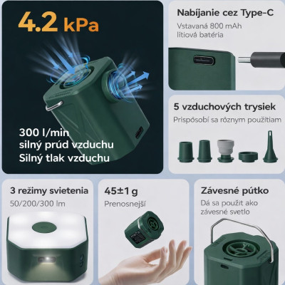 Pumpa RockBros mini elektrická so svetlom 300Lm, zelená, vrátane USB kábla, 45 g. V cene výrobku je zahrnutý recykl.pop.pre SR v
