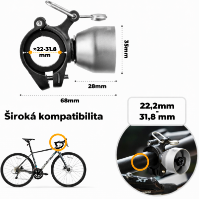 Zvonček RockBros, mosadz, 90 dB, strieborný