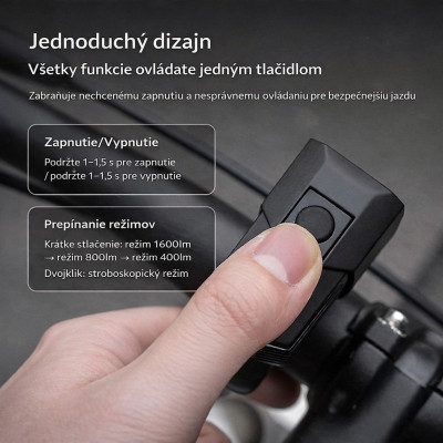 Svetlo predné RockBros, 1600 Lm., USB nabíjanie. V cene výrobku je zahrnutý recykl.pop.pre SR v sume 0,1248 €/kg