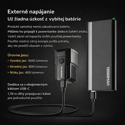 Svetlo predné RockBros, 1600 Lm., USB nabíjanie. V cene výrobku je zahrnutý recykl.pop.pre SR v sume 0,1248 €/kg