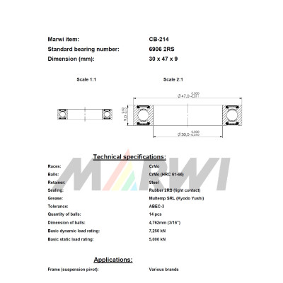 Ložisko CB-214  6906 2RS, 30x47x9 mm