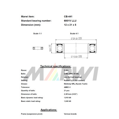 Ložisko CB-441  6801V LLU, 12x21x5 mm