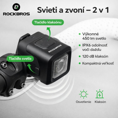 Zvonček so svetlom Rockbros 450Lm na bicykel 120 dB,...